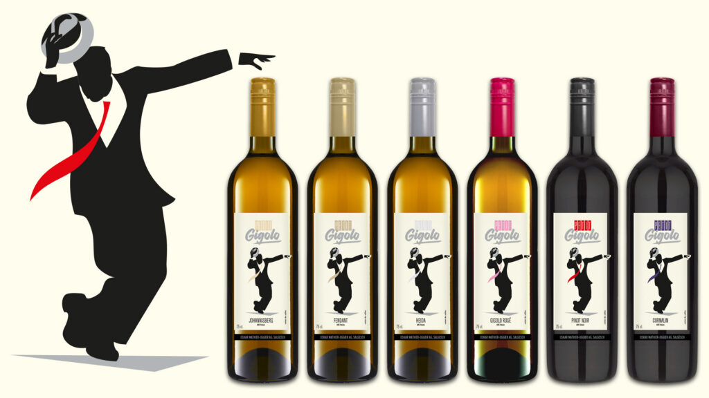 Weinlinie Petit Gigolo von Oskar Mathier-Oggier mit mehreren Flaschen