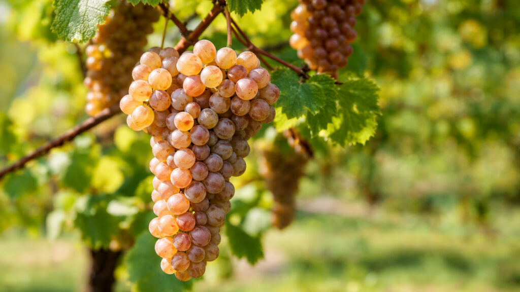 Pinot Gris Trauben am Rebstock im Weingut Frauenkopf