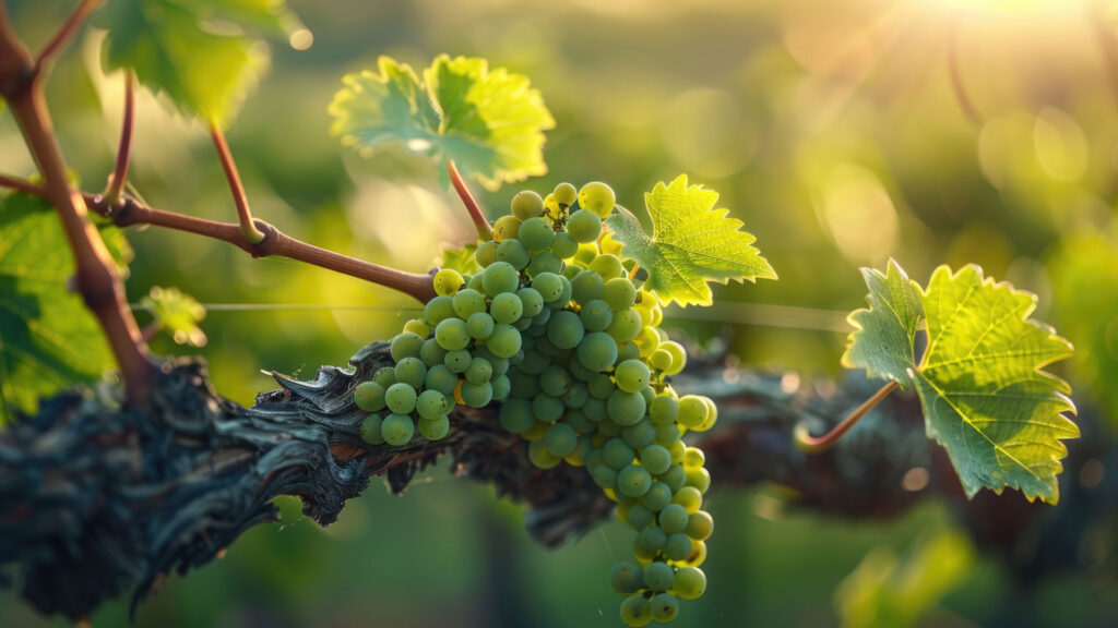 Grüne Trauben am Rebstock in den malerischen Weinbergen der Deutschschweiz, mit üppigen Blättern und weitläufigen Rebenreihen in der Landschaft.