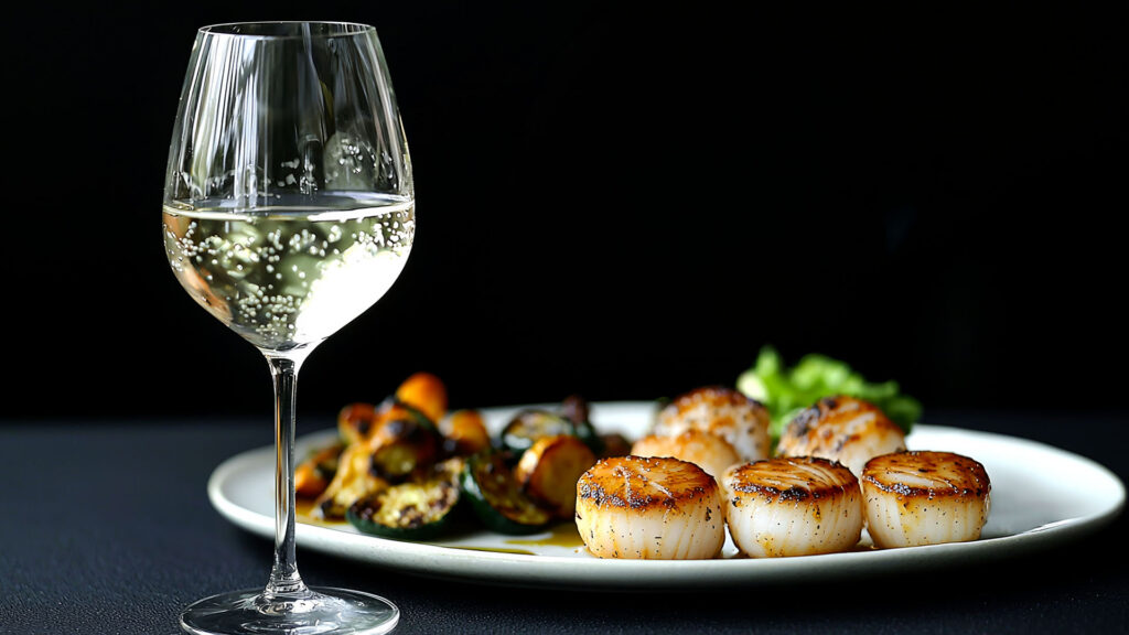 Weisswein mit Jakobsmuscheln als Foodpairing in der Weinregion Rhônetal Frankreich