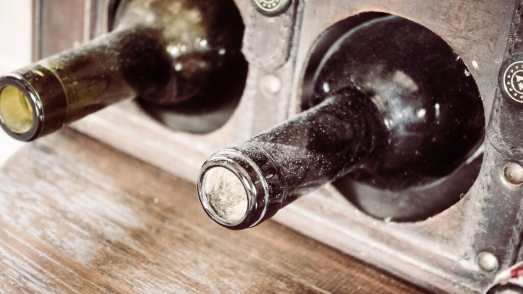 Zwei verstaubte Weinflaschen liegen in einem rustikalen Regal, das Geschichte und Tradition von Matasci Vini widerspiegelt.