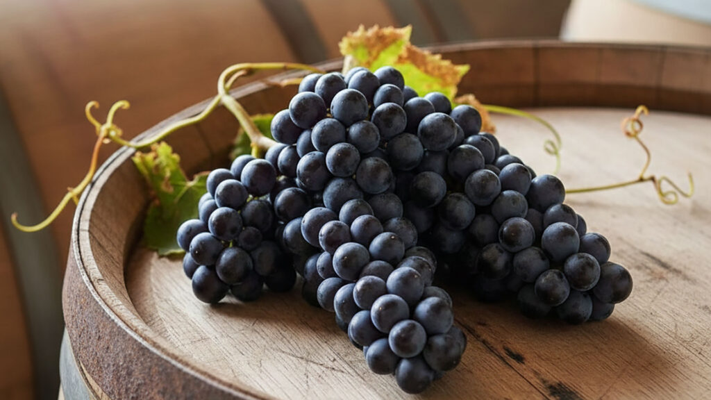 Fokus auf den Wein: Dunkle, reife Pinot Noir Trauben liegen auf einem Eichenholz-Barrique, bereit zur Weinbereitung.