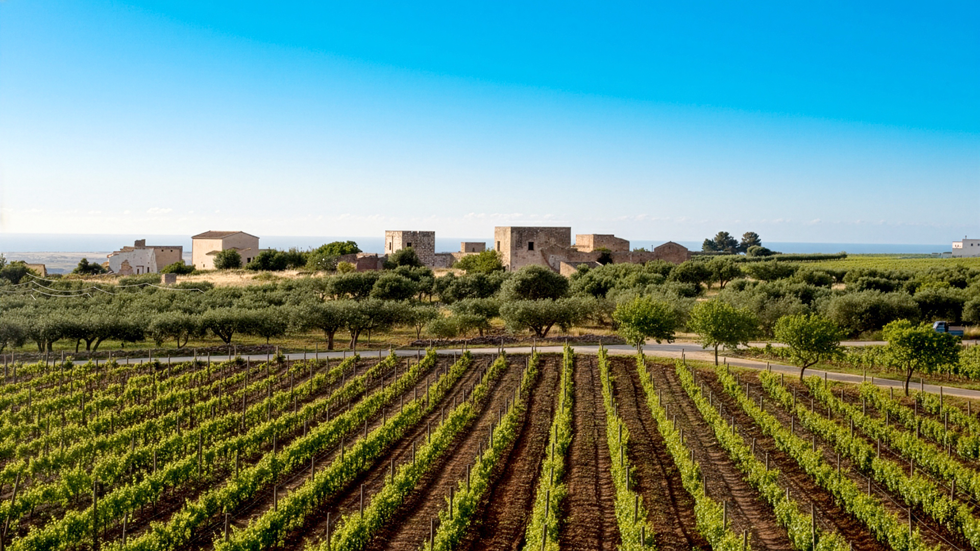Weinberg in Sizilien mit gleichmässig angeordneten Reben vor einer Reihe von Gebäuden und klarem Himmel.