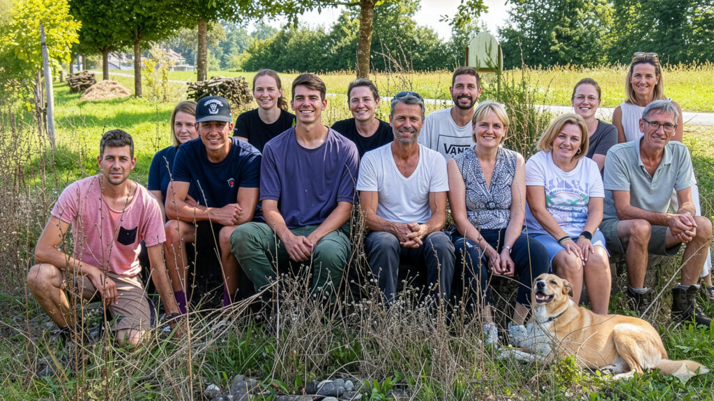Gruppe von elf Personen sitzt auf einer Holzbank im Freien, vor ihnen liegt ein Hund auf dem Gras.