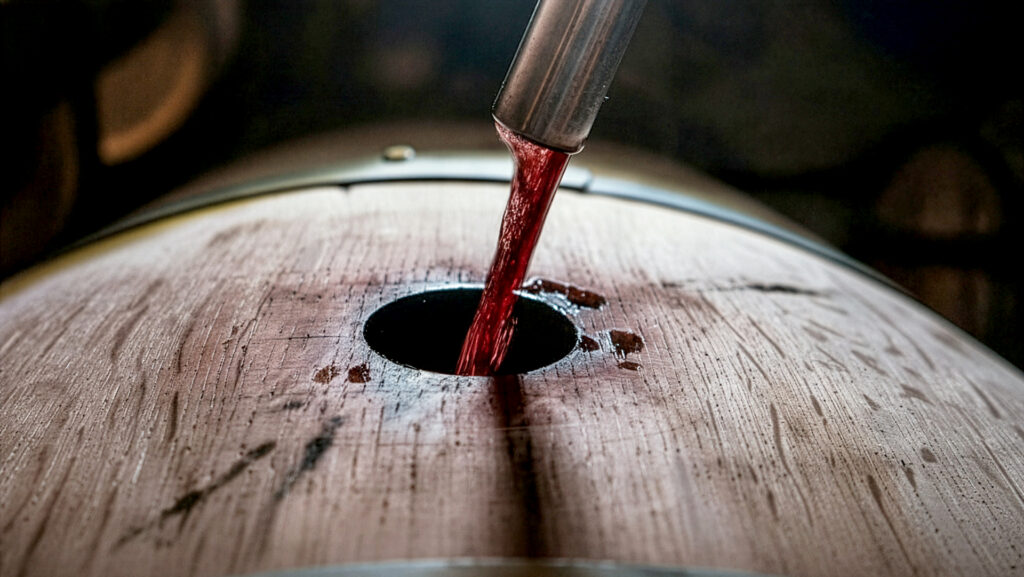 Rotwein fliesst aus einem Metallrohr in ein offenes Holzfass mit sichtbarer Holzmaserung.