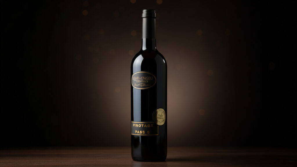 Dunkle Weinflasche mit Etiketten 'Fehr & Engeli', 'Pinotage Fass 5' und einem goldfarbenen Siegel auf dunklem Untergrund.