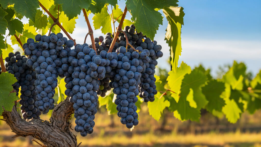 Dunkelblaue Merlot-Trauben hängen in mehreren Trauben an einem Rebstock in einem Weinberg.