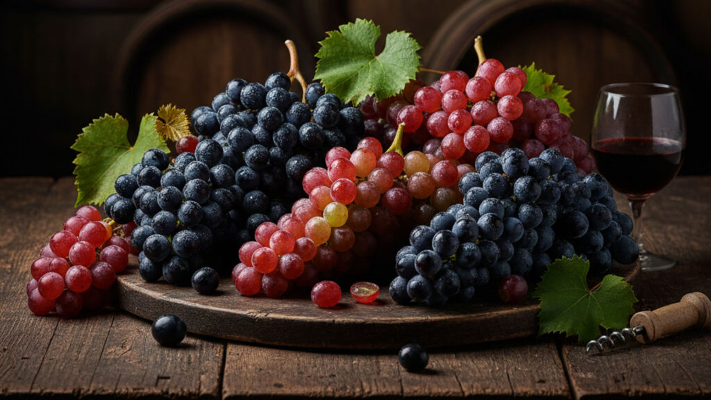 Mehrere Trauben in Rot und Dunkelblau liegen auf einem Holzbrett, umgeben von Weinblättern, im Hintergrund ein Glas Rotwein und ein Korkenzieher.