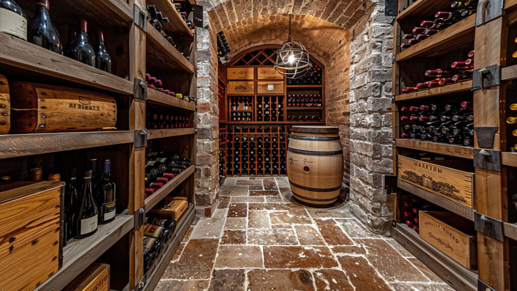 Weinkeller mit gemauerten Wänden, Holzbalken, Weinregalen mit Flaschen und einem Holzfass in der Mitte.