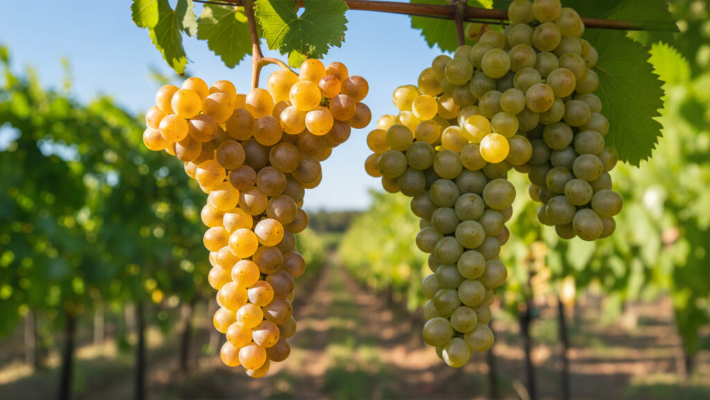 Zwei Traubencluster, eine goldgelb und eine grünlich, hängen an Rebstöcken in einem Weinberg unter blauem Himmel.