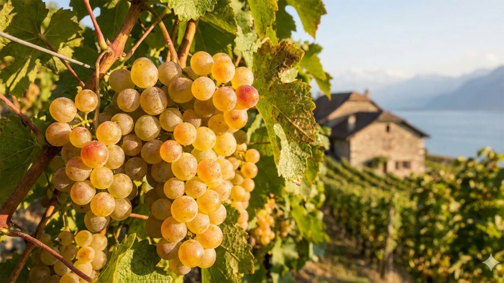 Helle Trauben in einem Weinberg mit Blick auf ein Haus und den See im Hintergrund.