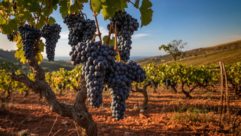 Nero d’Avola Trauben am Rebstock – typische sizilianische Rotweinrebe
