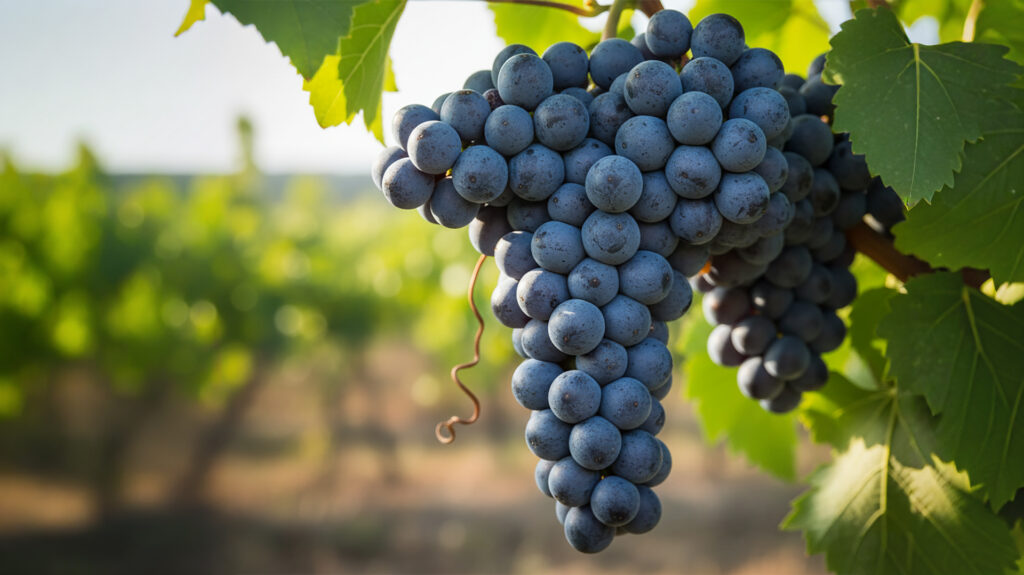 Ein grosser, reifer Traubenklumpen der Sorte Merlot hängt an einem Weinstock mit grünen Blättern.