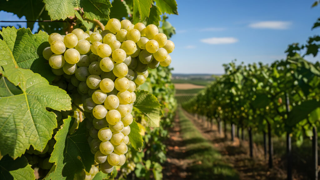Rebsorte mit grossen, grünen Weintrauben an einer Weinrebe im Sonnenlicht.