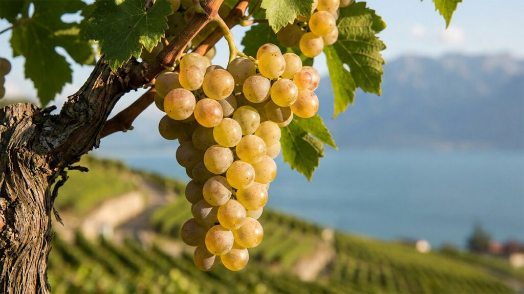 Nahaufnahme von reifen, goldgelben Chasselas (Gutedel) Weintrauben, die an einem Rebstock in einem Weinberg über dem Genfersee in der Schweiz hängen.