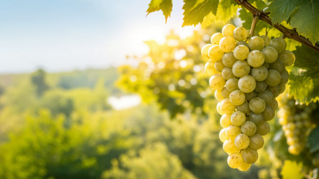 Nahaufnahme eines reifen Traubenbündels an einem Weinstock mit unscharfem Hintergrund einer Weinregion