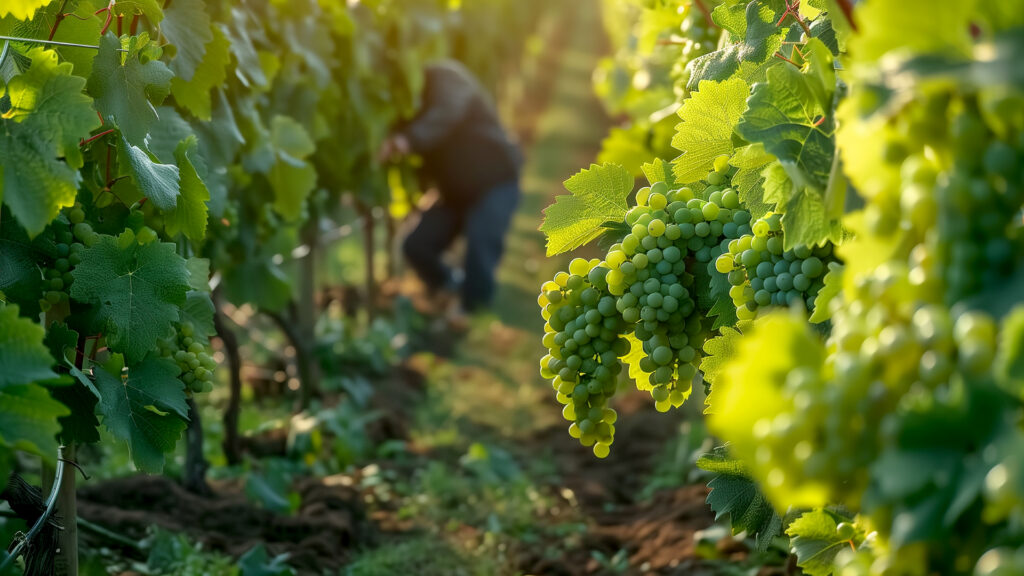 Nahaufnahme von reifen weißen Trauben an einem Weinstock in einem Weinberg, im Hintergrund eine Person bei der Ernte.