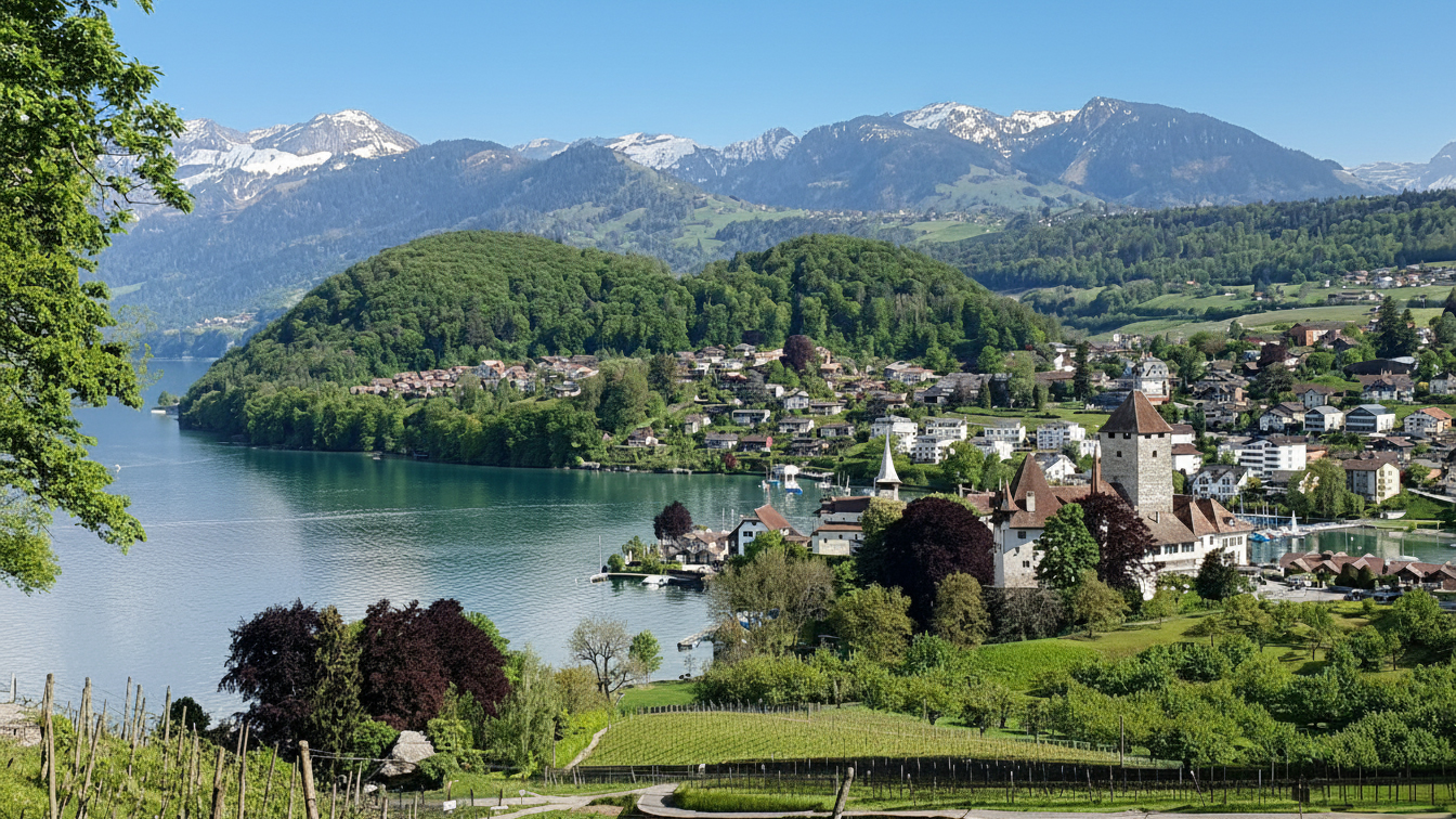 Blick auf den Thunersee mit Weinbergen im Vordergrund und einer Ortschaft am Seeufer, umgeben von bewaldeten Hügeln und Bergen im Hintergrund.