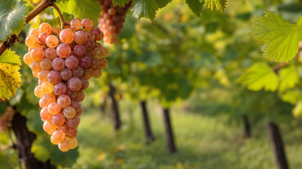 Nahaufnahme eines reifen Traubenbündels der Rebsorte Pinot Gris in einem Weinberg am Thunersee.