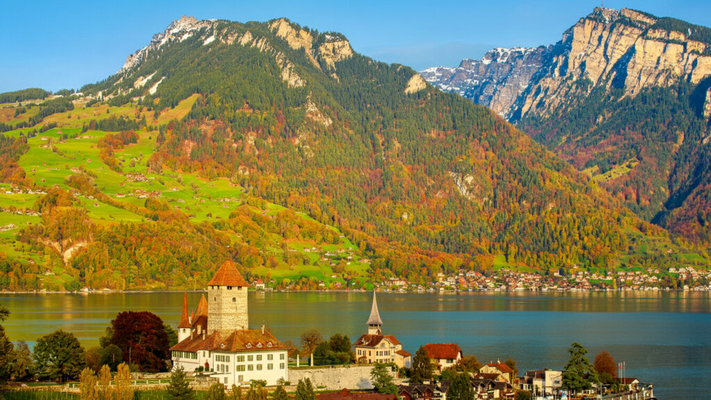Blick auf den Thunersee mit Weinbergen, einem Schloss und einer Kirche im Vordergrund sowie Bergen im Hintergrund.