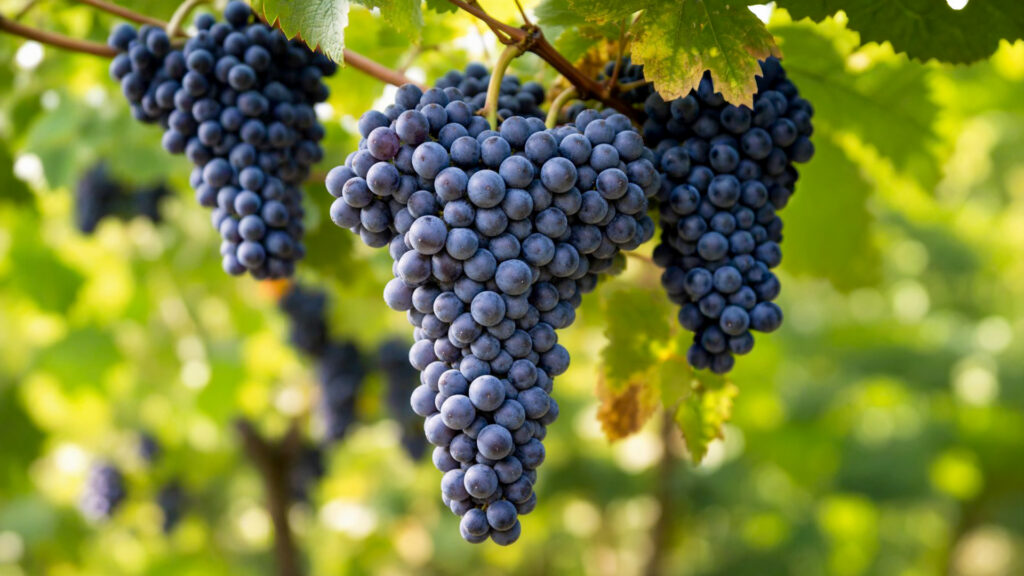 Dunkelblaue Trauben hängen in mehreren Trauben an einem Rebstock vor unscharf grünem Hintergrund