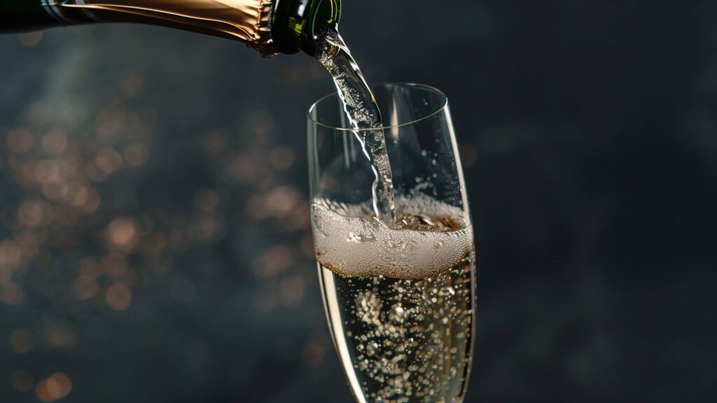 Sekt wird in ein schlankes Sektglas eingeschenkt, Bläschen steigen auf