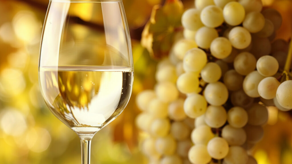 Links im Bild ist ein Glas gefüllt mit Weisswein und rechts sind weisse Weinreben