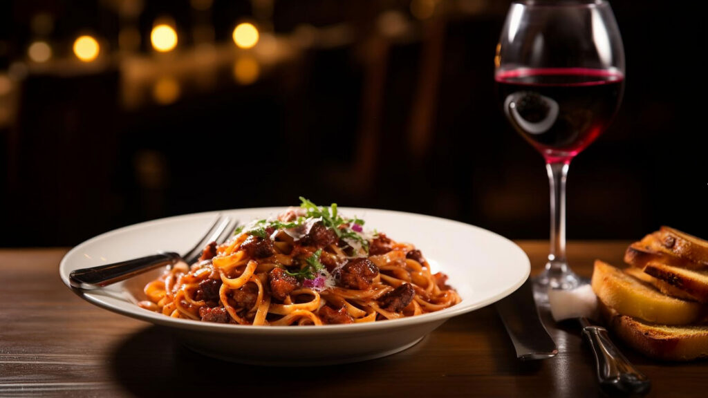 Ein weisser Teller mit einem Pastagericht, das schön mit Kräutern dekoriert ist, steht auf einem Holstisch. Links auf dem Tellerrand ist eine Gabel positioniert. Rechts neben dem Teller steht ein Weinglas gefüllt mit Rotwein. Es herrscht eine abendliche, gemütliche Atmosphäre.
