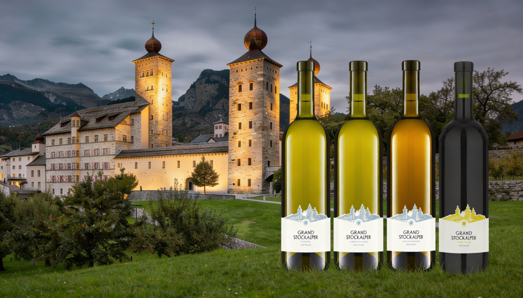 4 Weinflaschen der Grand Stockalper Weinlinie auf dem Rasen im Park vom Stockalperschloss Brig