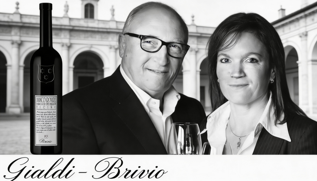Domaine viticole Brivio au Tessin, deux personnes avec des verres de vin à la main, à côté d'une bouteille de Bianco Rovere