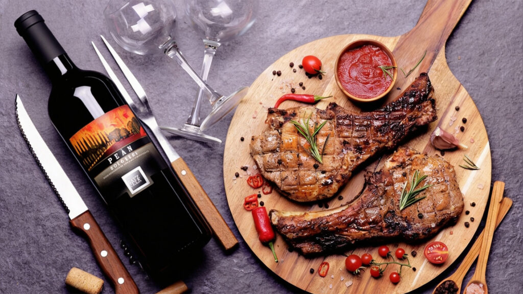 bouteille de rosso de pean-bolgheri à côté du steak grillé
