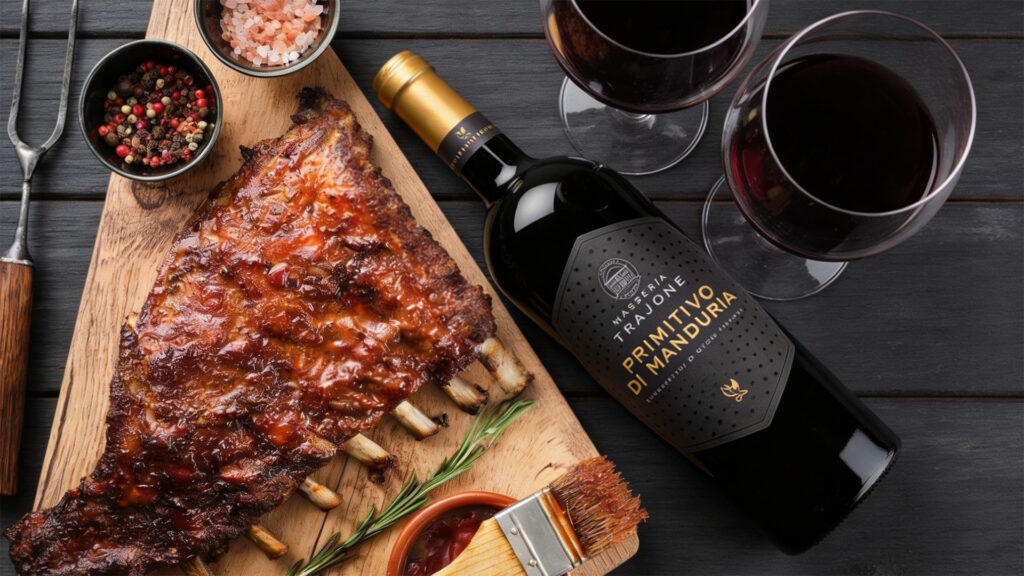 côtes levées sur une planche en bois avec le primitivo di manduria masseria trajone ritschard shop